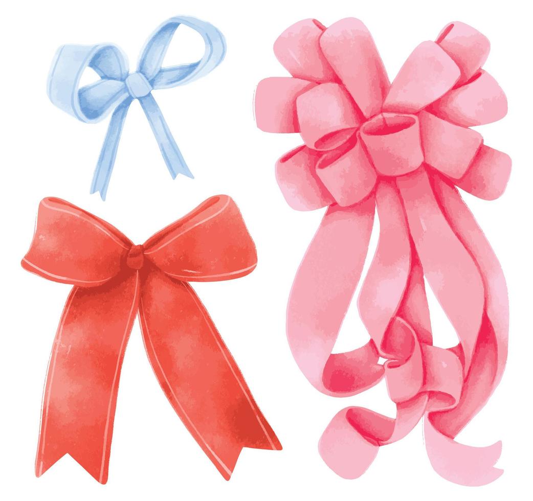 Set of gift ribbons bow illustrations hand painted watercolor styles vector