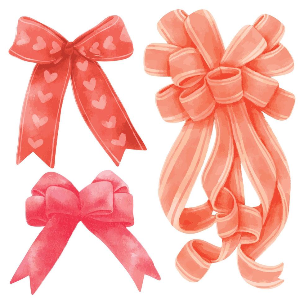 Set of gift ribbons bow illustrations hand painted watercolor styles vector