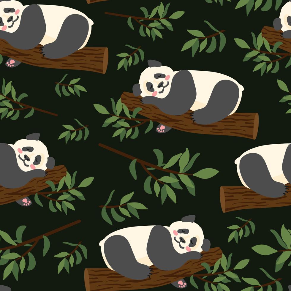 Bebé panda gigante perezoso durmiendo en el patrón transparente de vector de árbol. animal de la selva asiática descansando. personaje de mamífero salvaje soñando. selva, vida silvestre, textura de vivero de zoológico para textiles para niños, envoltura.