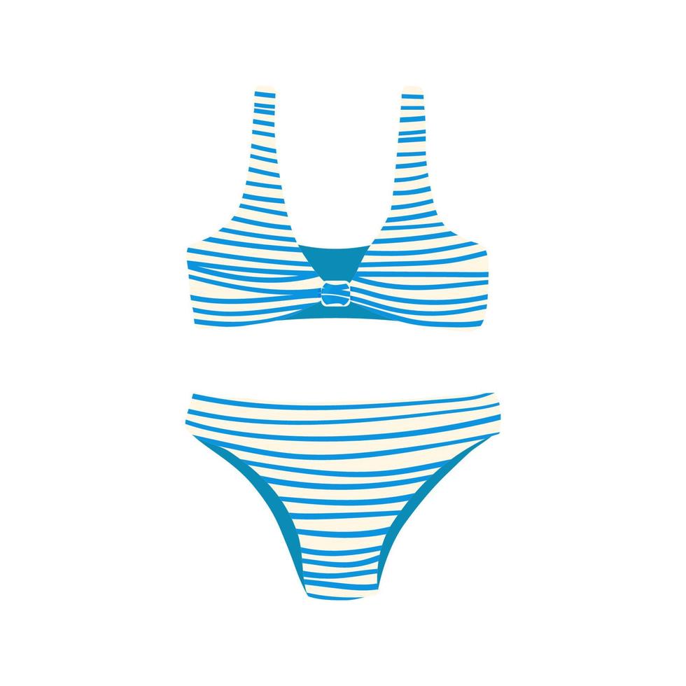 Summer beach female two-piece swimsuit in retro style. Top and bottom of swimwear. Women bikini with pattern. Single icon, flat cartoon colorful vector illustration isolated on white background