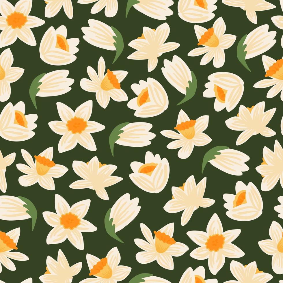 Vector seamless pattern of yellow daffodils or Narcissus. Hand drawn Botanical background. Early Spring potted garden flower blooming bulbous plant with root. Floral texture in flat style