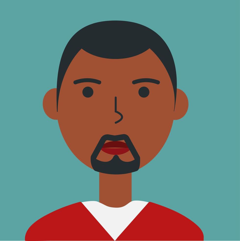 Flat color hipster portrait. Young man African ethnicity face avatar. Characters for web, video game, account, vector icon.