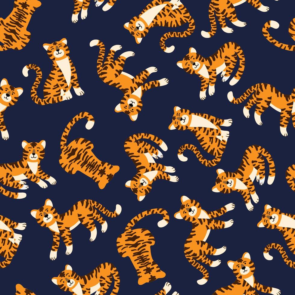 tigres lindos vector de patrones sin fisuras. espectáculo de animales de circo. textura de moda. diseño para tela, papel tapiz, papel de regalo, tarjeta de invitación, papel de álbum de recortes.