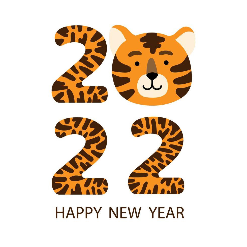 Feliz año nuevo chino 2022 tarjeta de felicitación o pancarta con dibujos animados divertidos cara de tigre y dígitos de año rayados. vector dibujado a mano ilustración plana