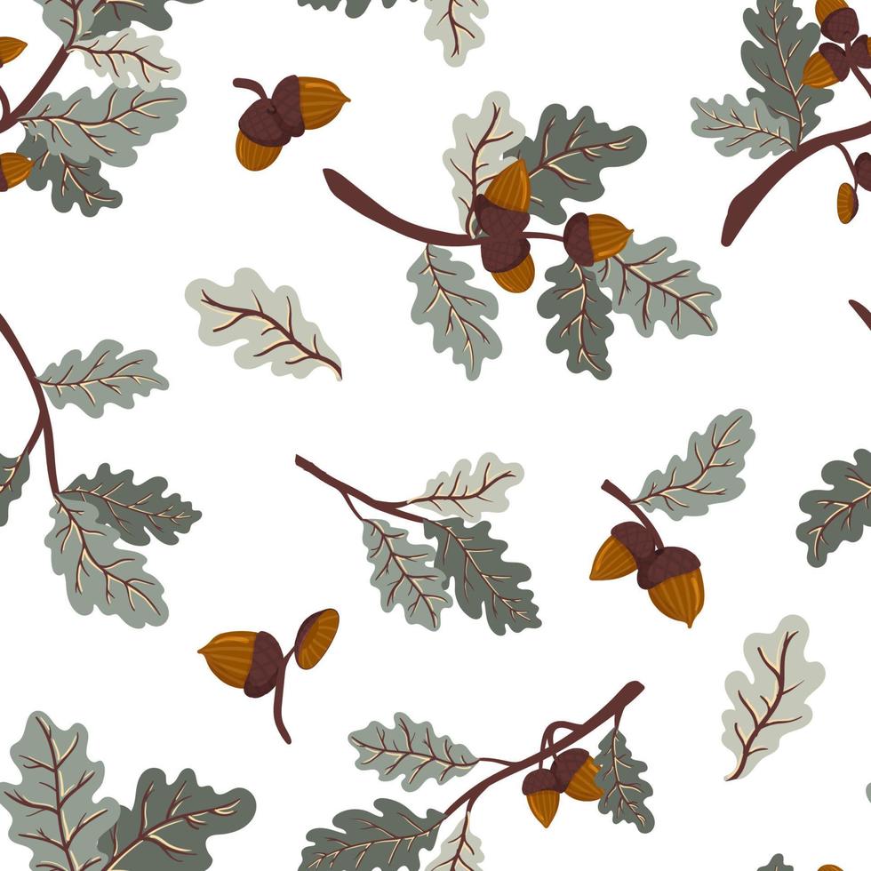 Green oak branch with leaves and acorns vector seamless pattern. Texture of a leaf fall deciduous tree branch for fabrics, wrapping paper, backgrounds and other designs.
