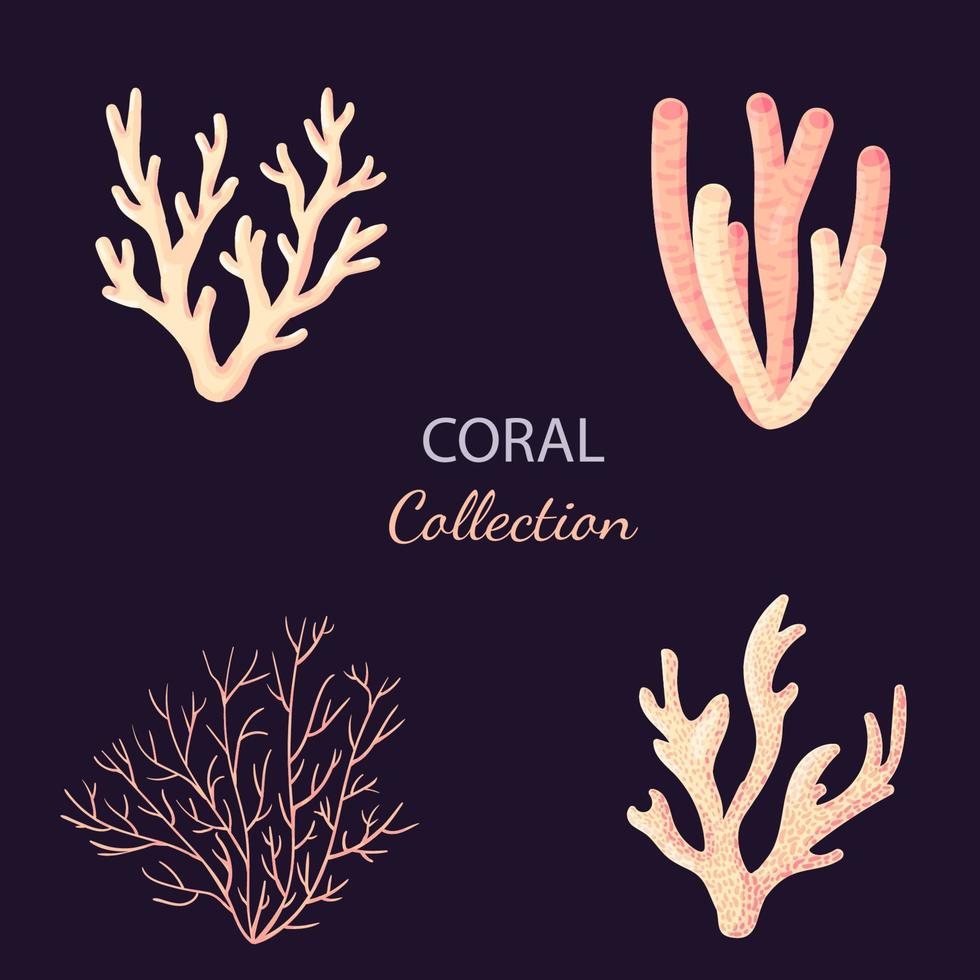 coral, pólipos vector plantas submarinas. acuario, océano y vida submarina aislado sobre fondo blanco. fauna de acuarios y hábitats de arrecifes oceánicos en un estilo simple de dibujos animados. colección de pegatinas.