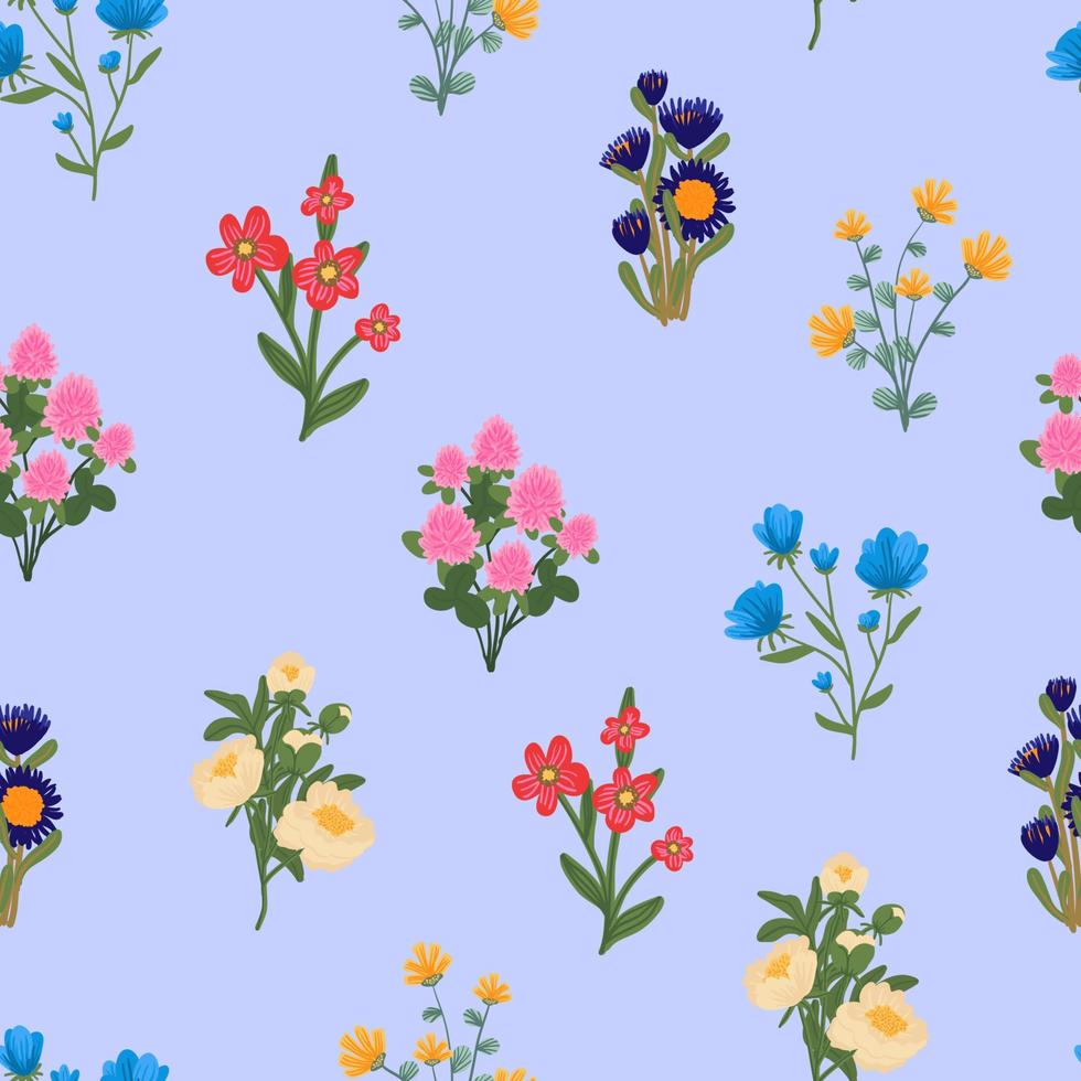 Spring flowers print. Blooming midsummer meadow vector seamless pattern. Plant background for fashion, wallpapers, wrap. Different flowers on the field. Liberty style millefleurs. Floral design