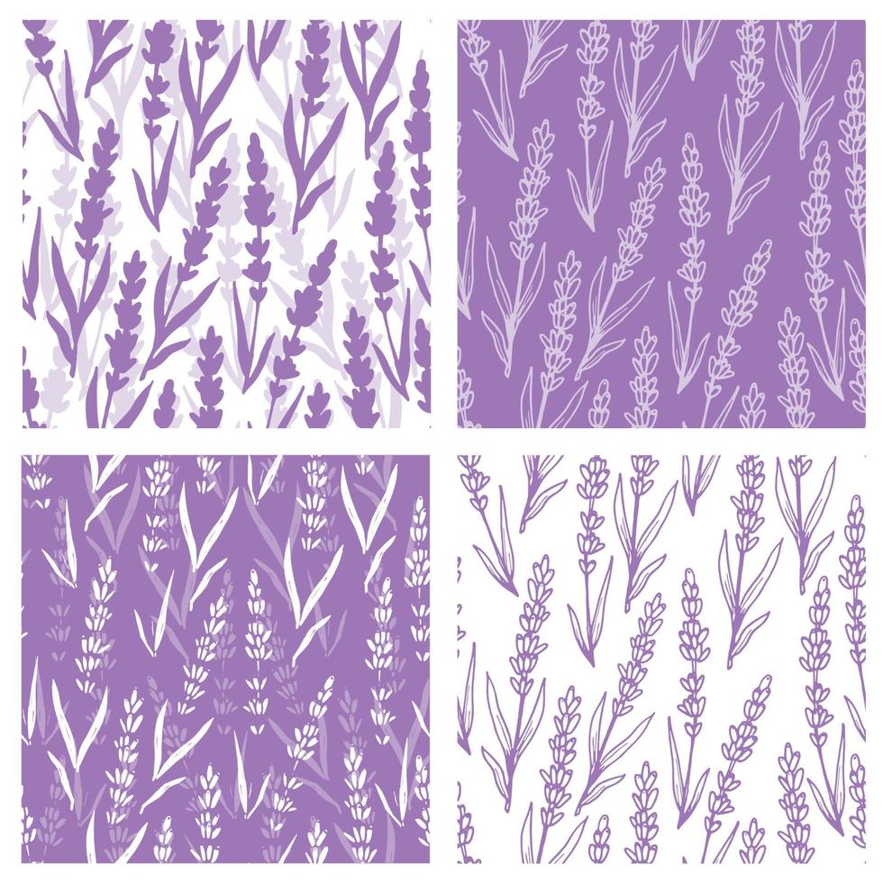Purple lavender flowers vector seamless pattern collection. Beautiful retro hand drown doodle style floral backgrounds. Great for summer and spring textiles, banners, wallpapers, wrapping.