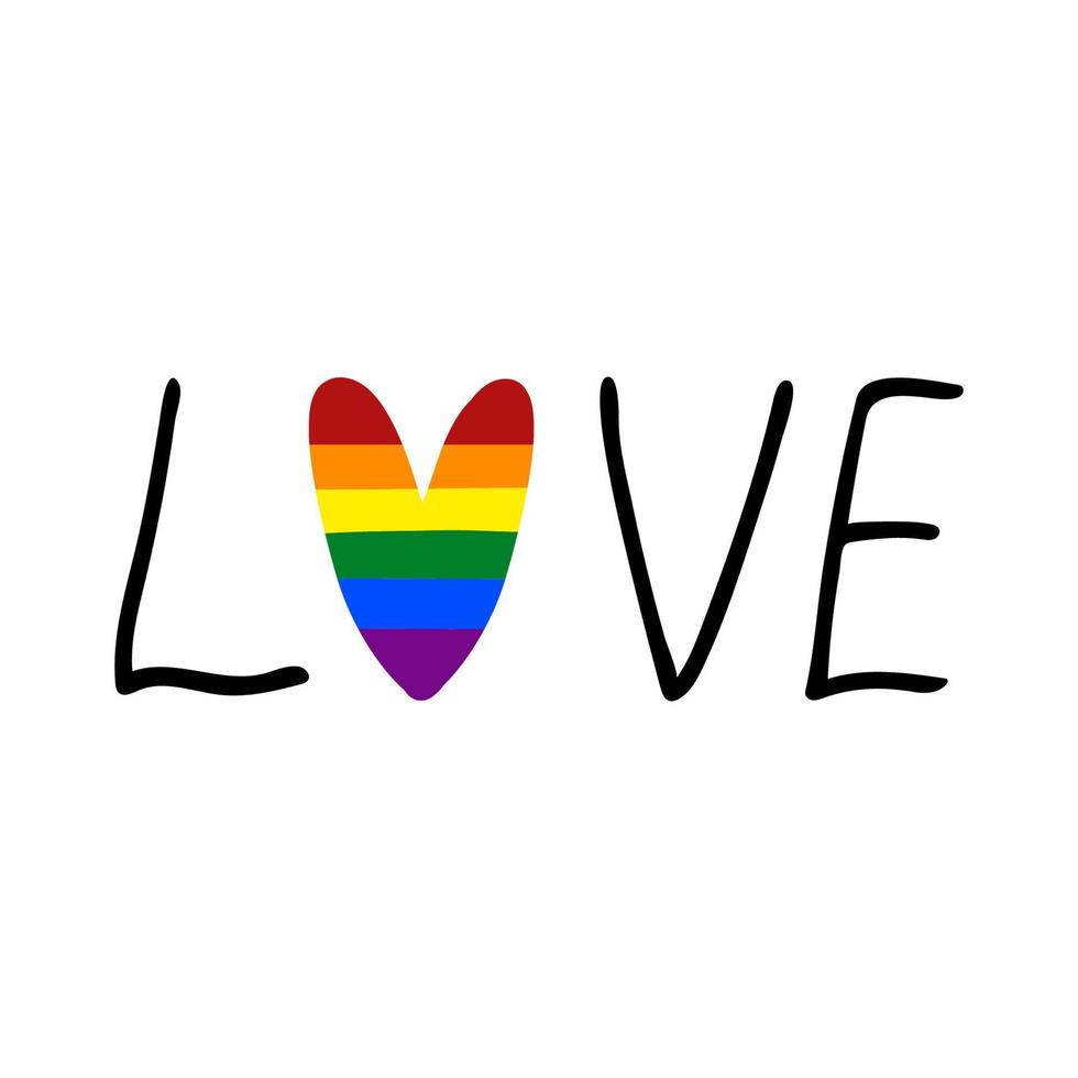 Letras de amor con corazón de arco iris de orgullo. Ilustración de vector de mes del orgullo lgbt. arco iris amor, derechos humanos y concepto de tolerancia. cartel, tarjeta, fondo.