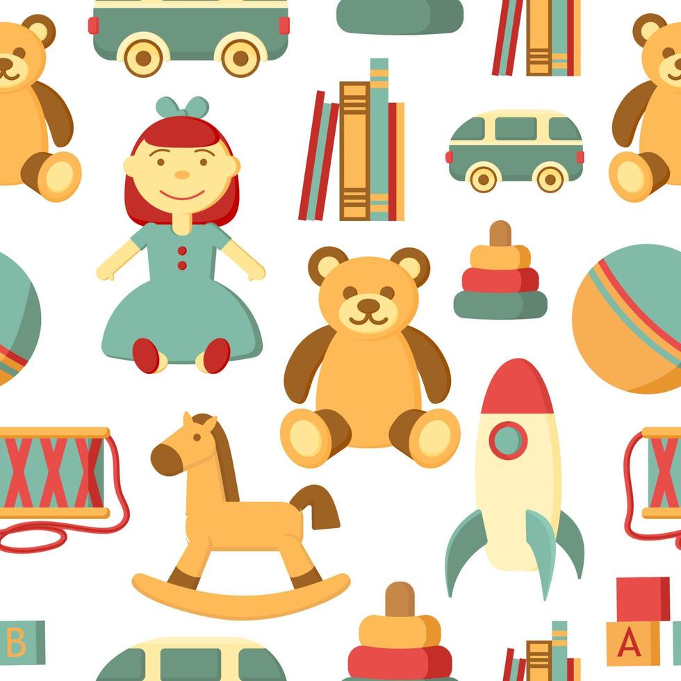 Kids toy vector seamless pattern. Horse, pyramid, drum, ball, doll, cubes, bear, rocket, car background. Childrens colorful texture  for wrapping, wallpaper, textile. Green, red, orange, brown colors.
