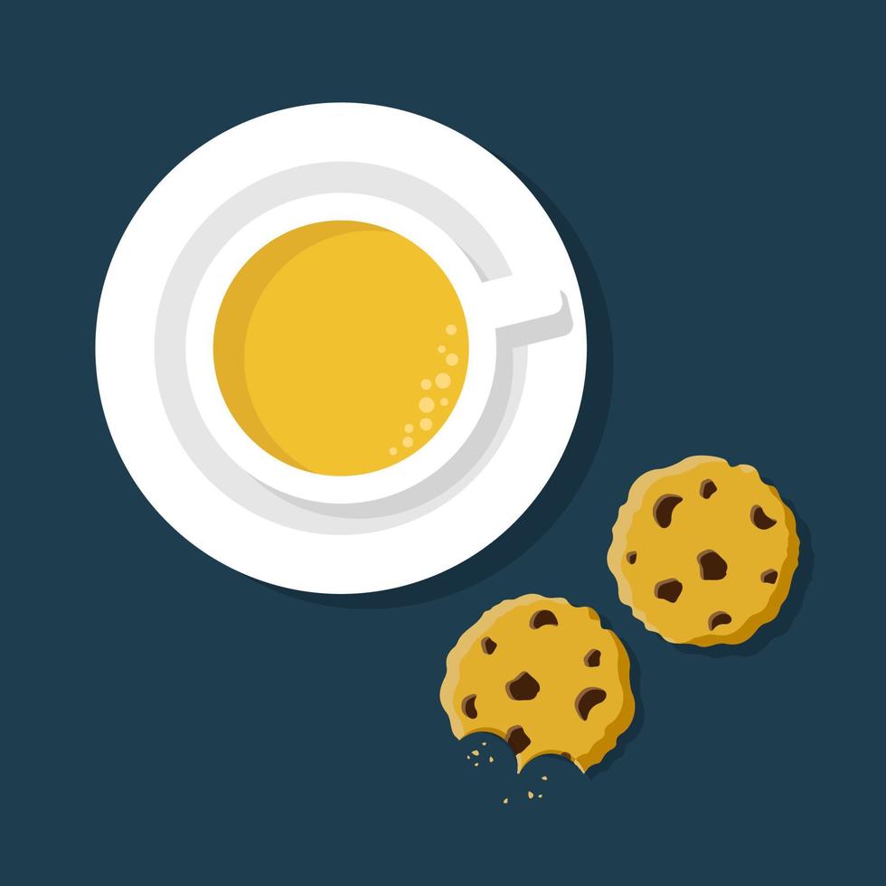 Cup of tea with homemade chocolate oatmeal chip cookies icon. Hot drink with sweet biscuit decorative design for cafeteria, posters, banners, cards. Vector flat style isolated illustration.