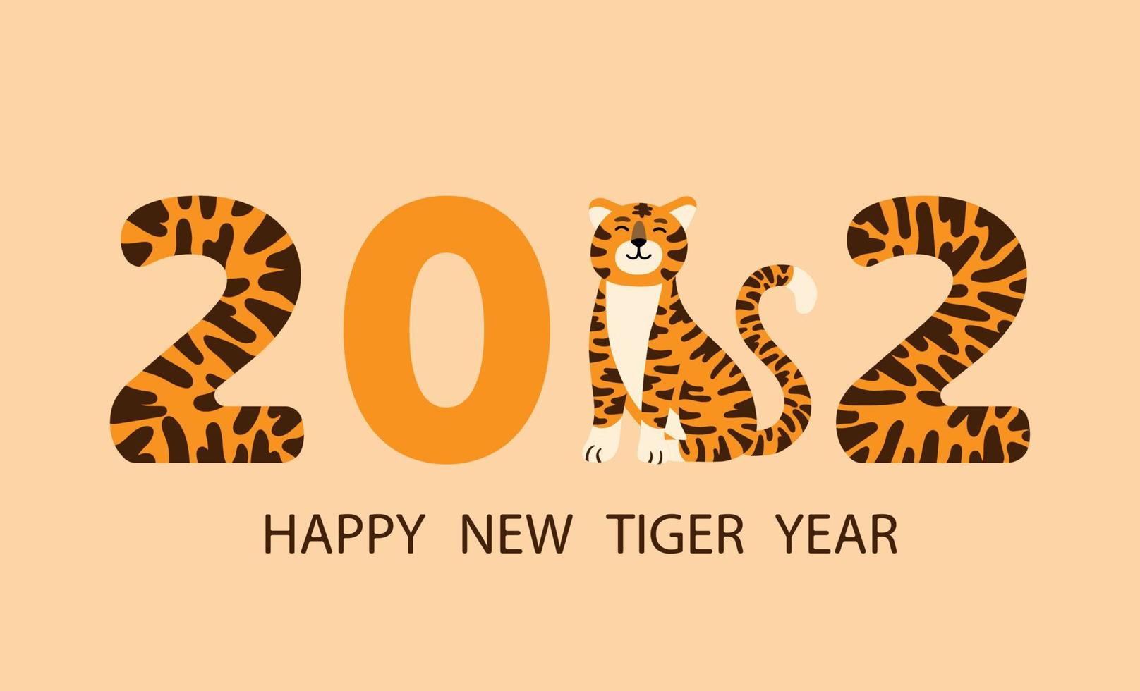 Feliz año nuevo chino 2022 tarjeta de felicitación o pancarta con dibujos animados divertidos cara de tigre y dígitos de año rayados. vector dibujado a mano ilustración plana