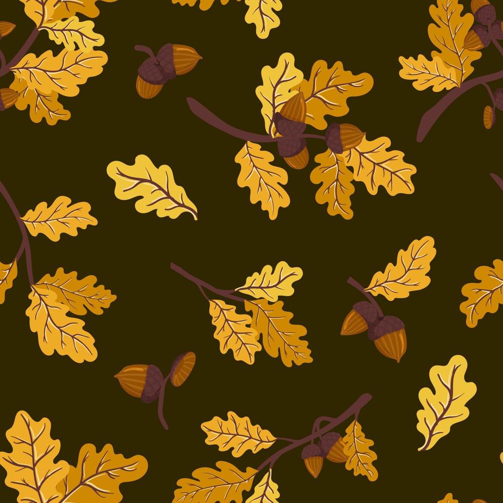 Ginger, gold and yellow autumn oak branch with leaves and acorns vector seamless pattern. Texture of a leaf fall deciduous tree branch for fabrics, wrapping paper, backgrounds and other designs.