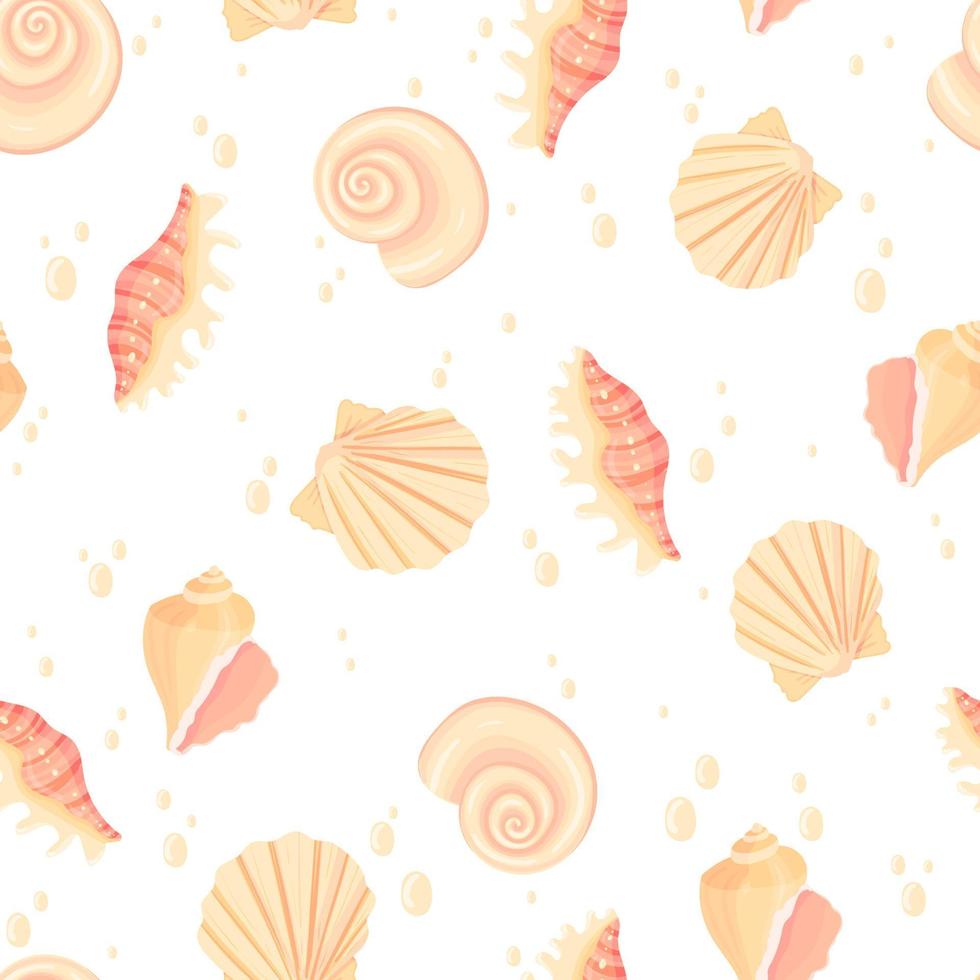 Seashells seamless pattern. Summer vacation marine background. Underwater texture hand drawn vector illustration for invitations, greeting cards, posters, prints, banners, flyers