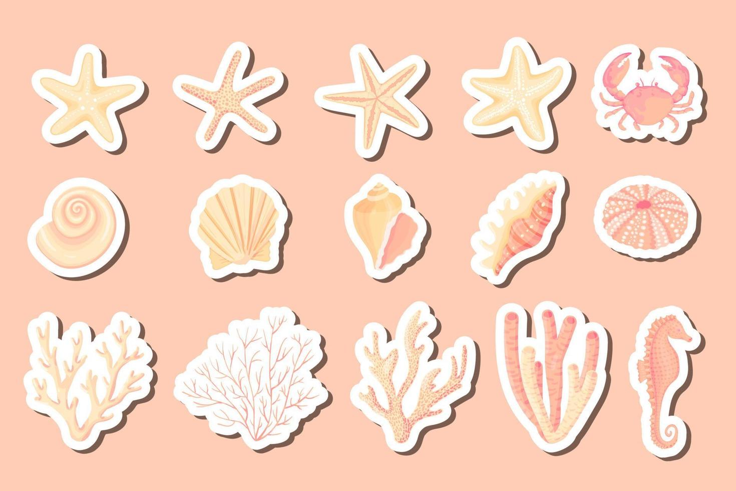 Seashells vector set. Collection of flat, cartoon sketch stickers of molluscs seashells, starfish, sea urchin, seahorse, hippocampus, crab, coral. Trendy coral reef under water isolated elements