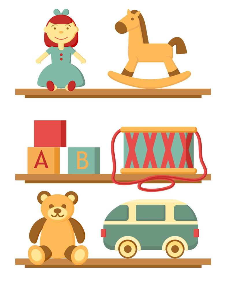 Kids toys icon set. Horse, drum doll, cubes, bear, car on wood shop shelves. Children's toys flat vector illustration for you design.