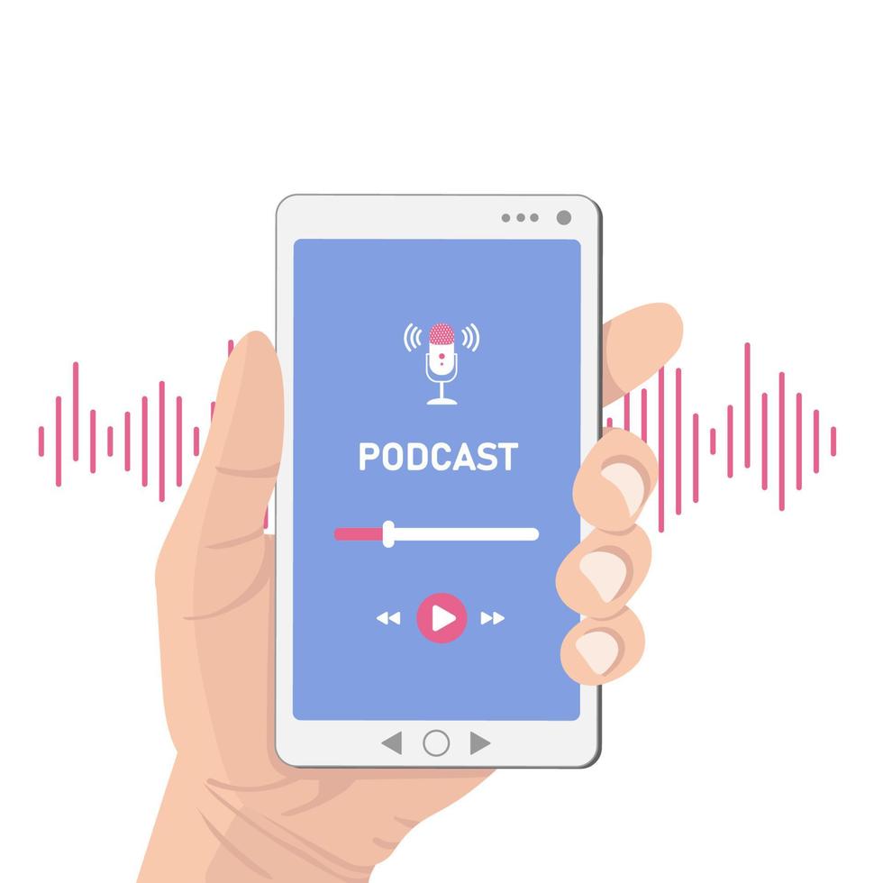 concepto de podcast. mano sosteniendo un teléfono inteligente con aplicación de podcast en la pantalla. programa de escucha, webinar de radio. Ilustración de grabación digital de Internet, transmisión en línea, capacitación en línea. vector