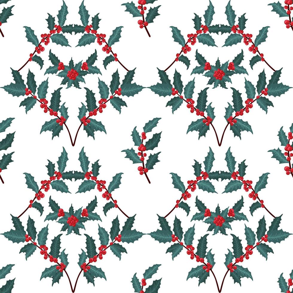 Seamless pattern with winter plants, holly berry, rowan branches. Festive American traditional ornate for New Year, Christmas. Hand drawn vector illustration for wrapping paper, textile printing