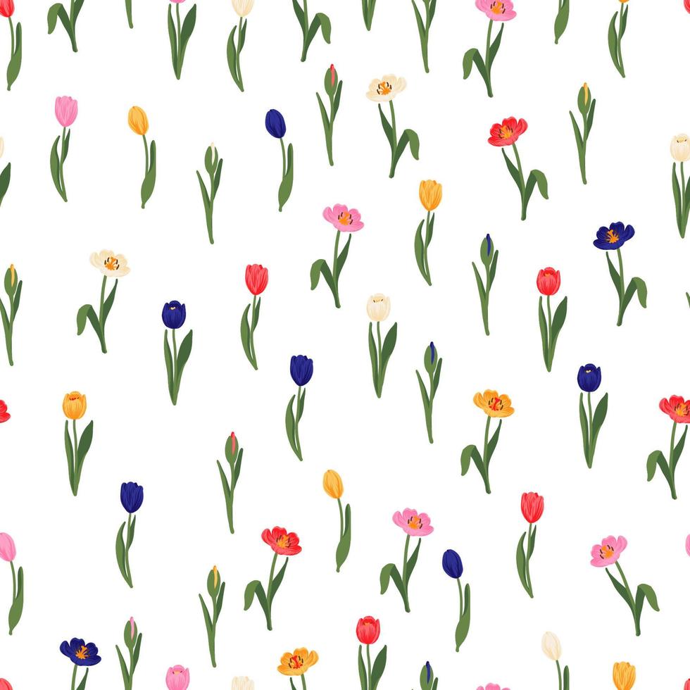 Seamless floral pattern red, yellow, purple, pink tulips and green leaves. Spring flowers background for wrapping, textile, wallpaper, scrapbook, Easter, Happy Mothers, Womens Day. Flat cartoon design vector