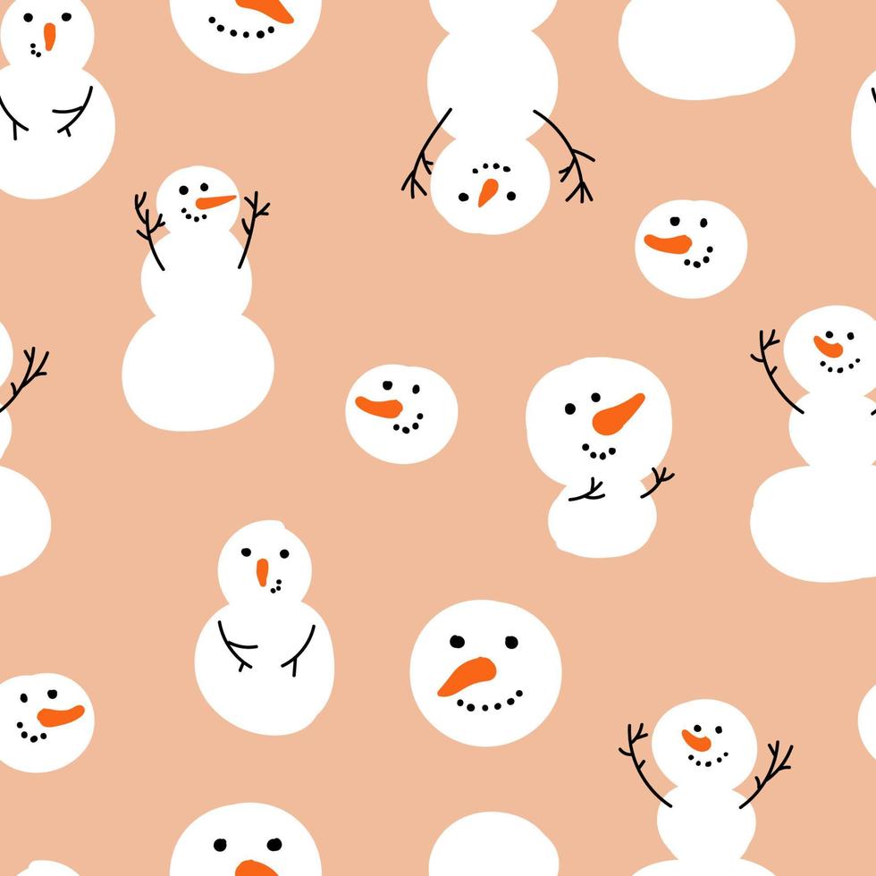 Vector seamless pattern with snowman, snow. Winter simple, stylish Scandinavian repeat texture for wrapping, web page background, Christmas, New Year greeting card, fabrics, home decor, scrapbooking