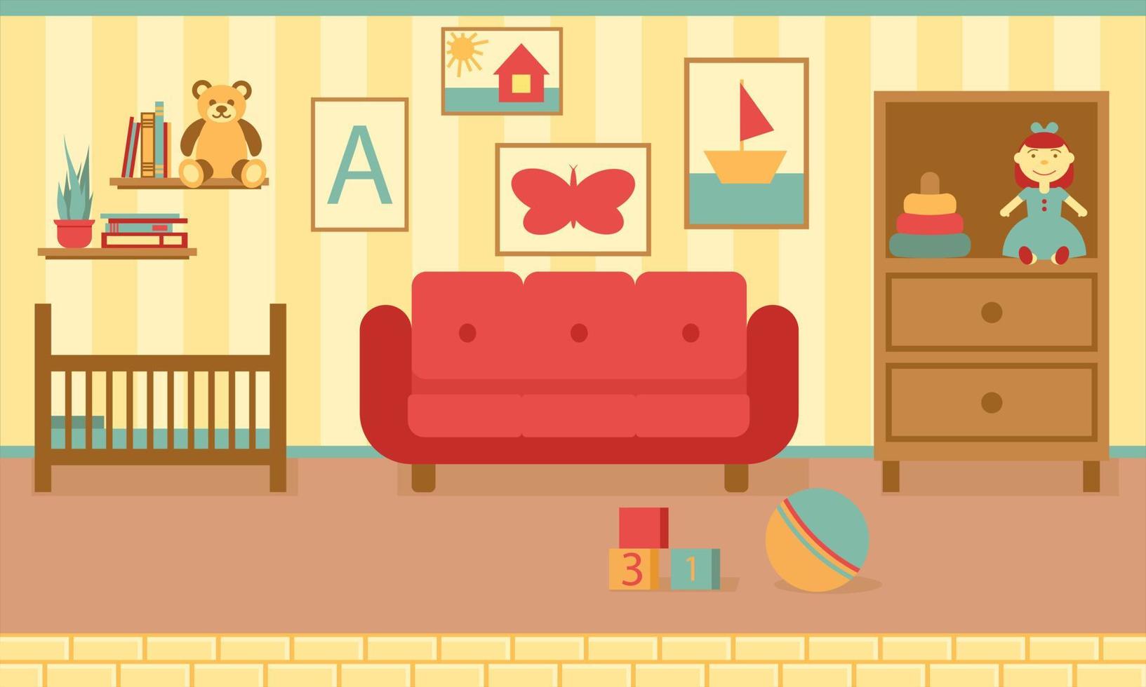 Modern interior of a children's room with furniture. Design of a cozy room with sofa, wardrobe, crib, toys, paintings and decor accessories. Flat style vector illustration.