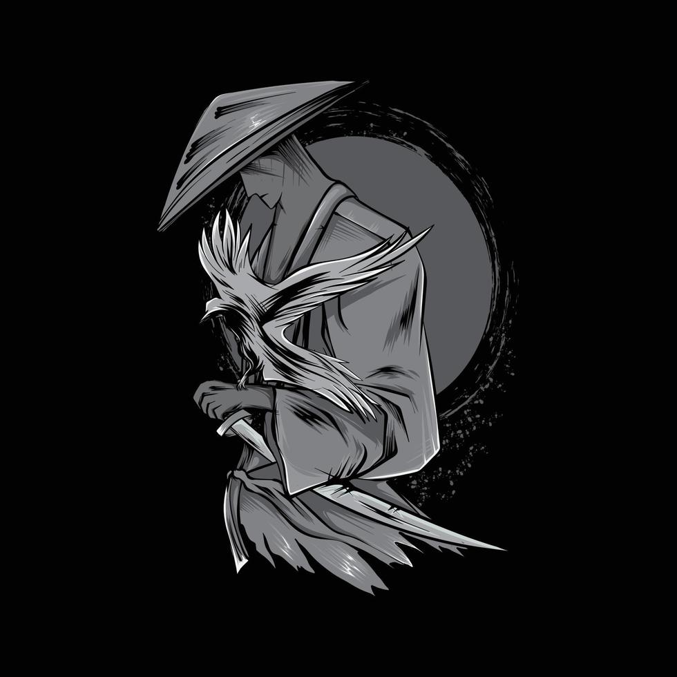 sketch samurai ronin with bird illustration black and white vector