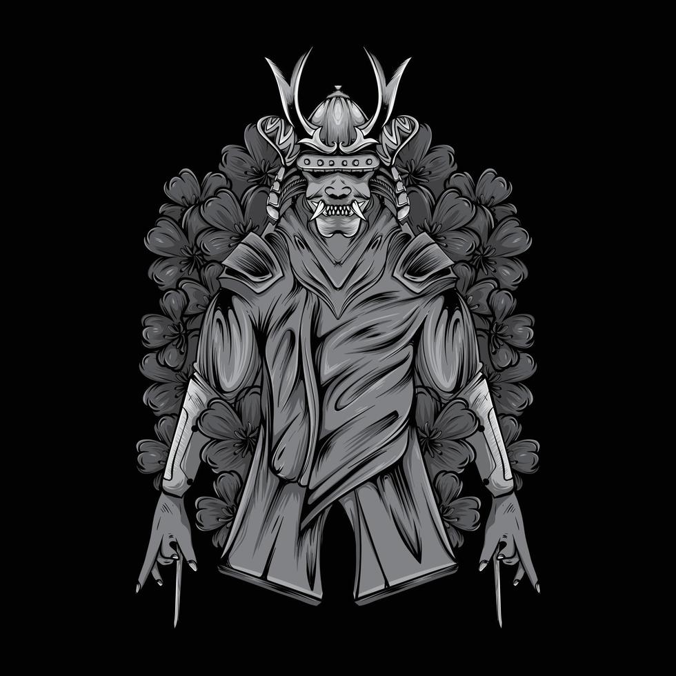 Samurai de estilo japonés con máscara de oni e ilustración de flores en blanco y negro vector