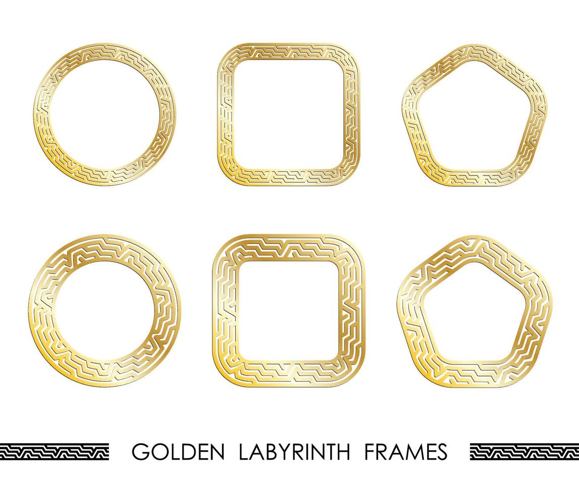 Set of golden LABYRINTH round and square frames for decorative headers. Golden ancient greek ornaments isolated on white background. Vector