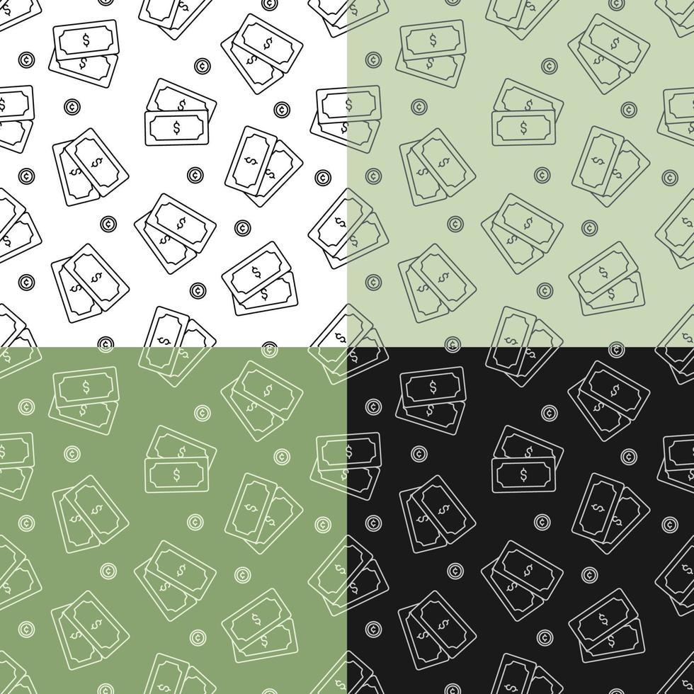 set of seamless patterns with Bundle of dollars and coins. Saving money and using cash. Ornament for decoration and printing on fabric. Design element. Vector