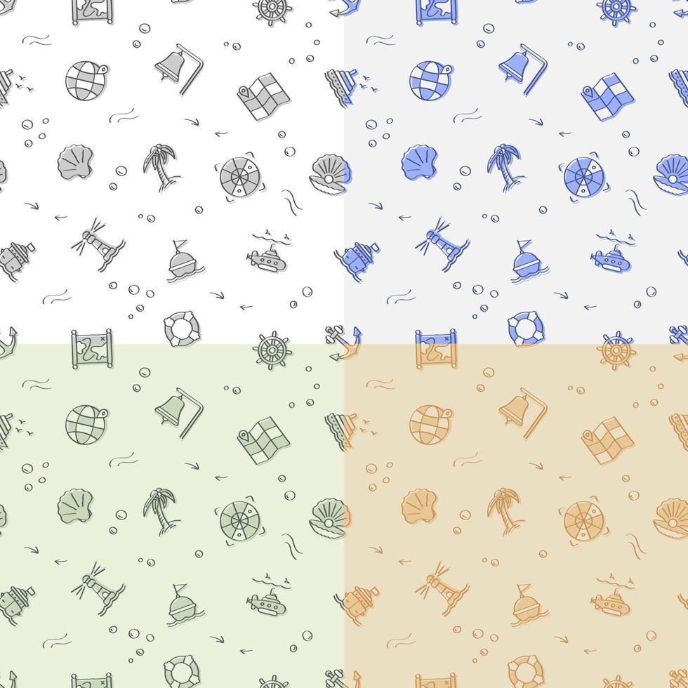 set of seamless patterns with doodle linear icons. Submarine, lifebuoy, buoy on waves, compass, map. Ornament for decoration and printing on fabric. Design element. Vector