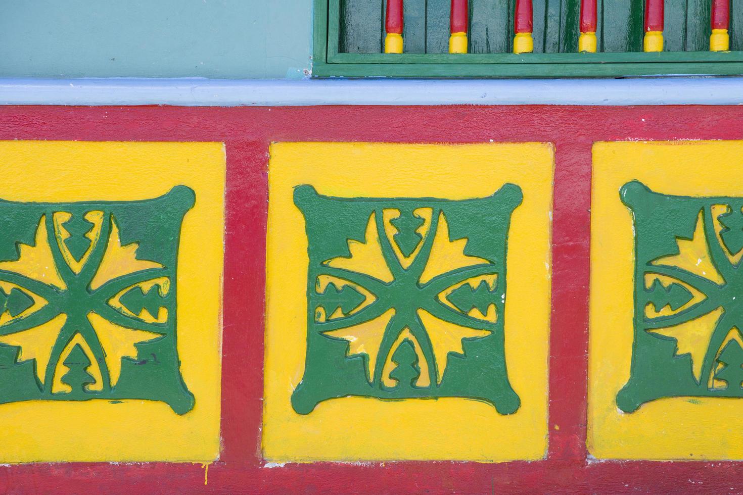 GUATAPE, COLOMBIA, 2019 - Detail from colorful facade on the building in Guatape, Colombia. Each building in town Guatape has bright color tiles along the lower part of facade. photo