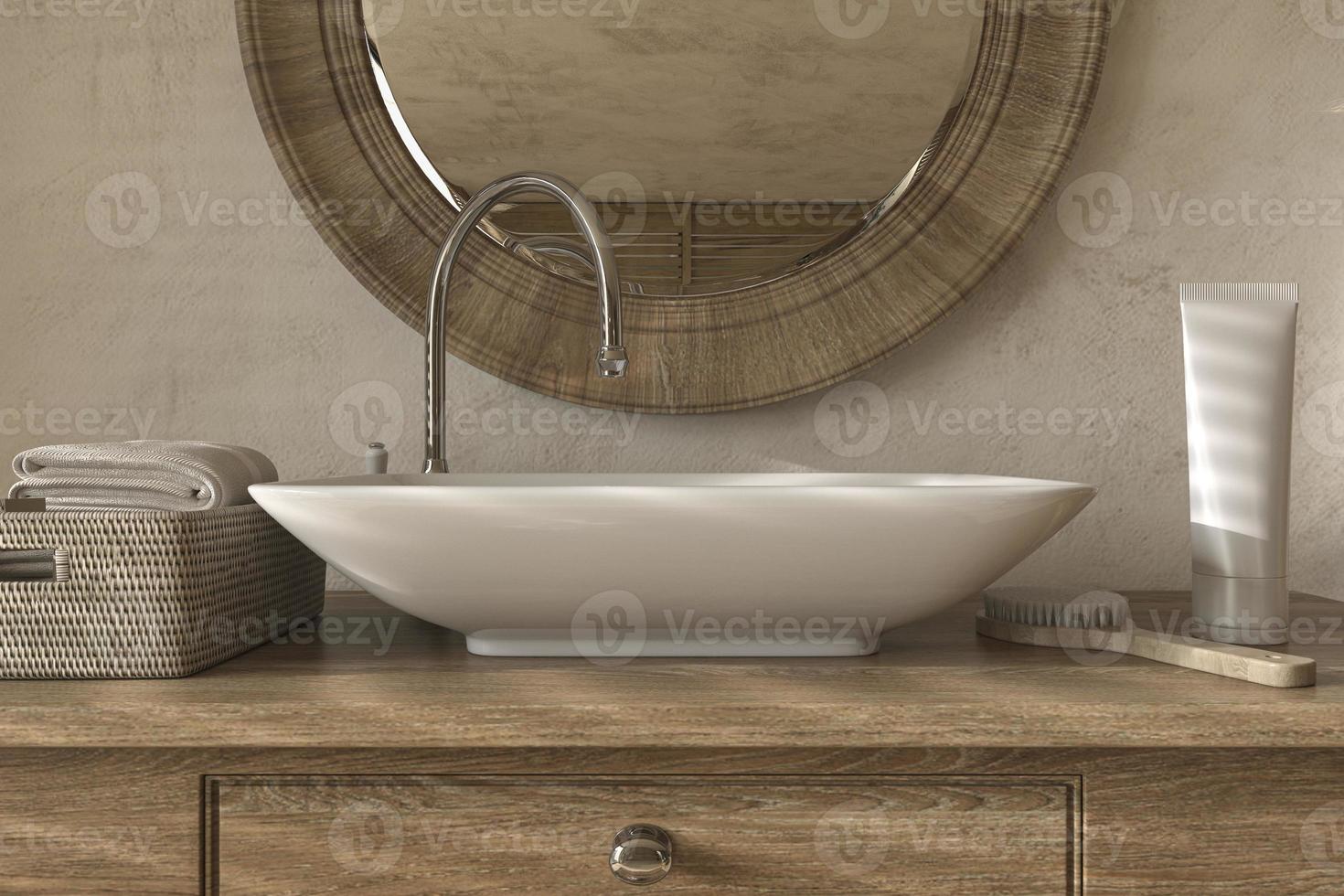 Natural cosmetic product display bathroom interior background in farmhouse style. Boho wooden furniture. 3d rendering illustration. photo