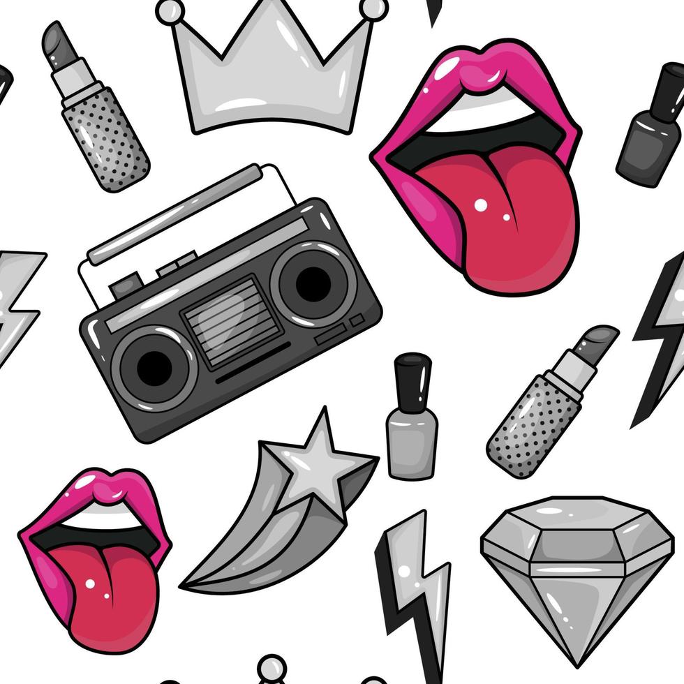 Seamless pattern with trendy lip plasters, crown, crystal, tape recorder and other elements. vector