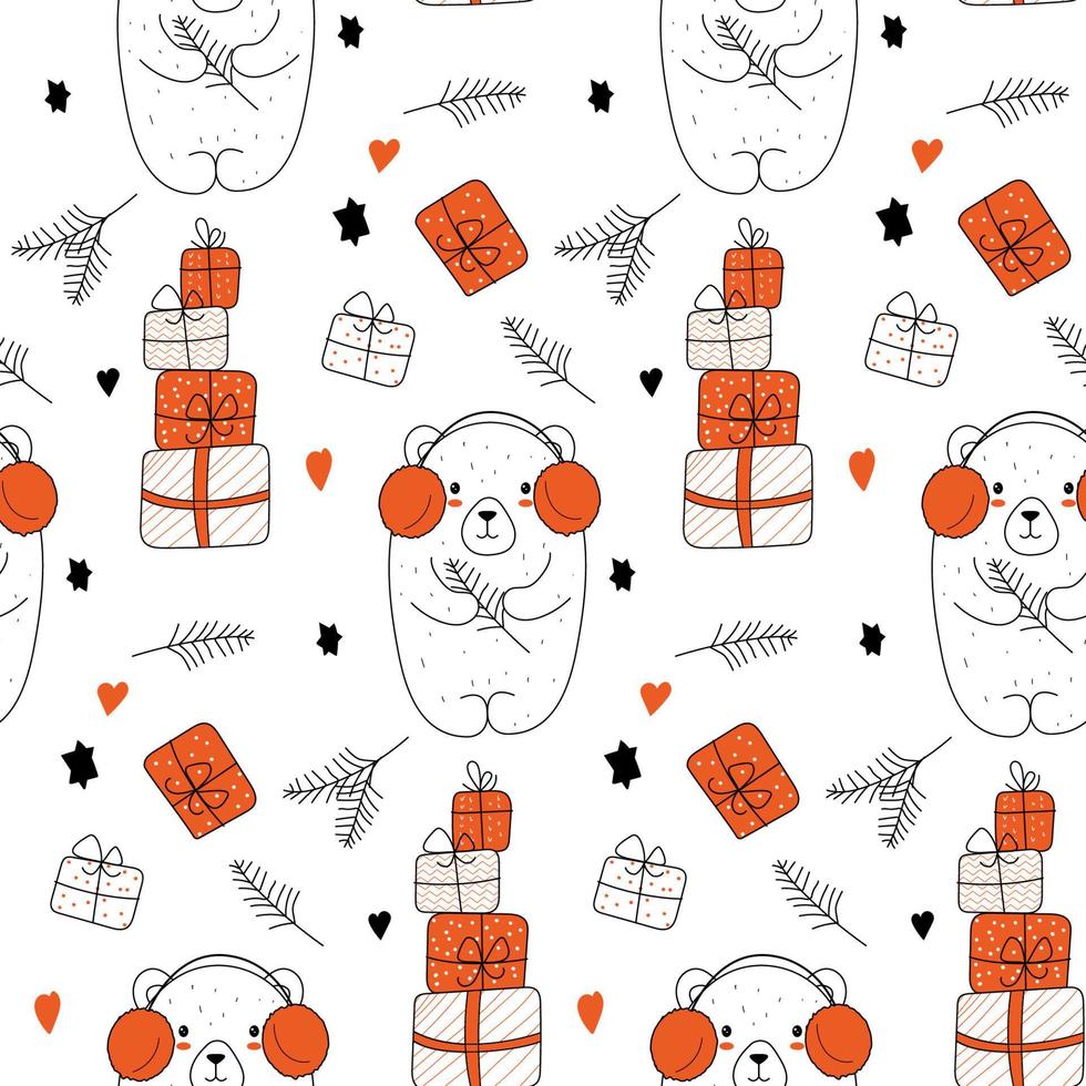 Cute bears with gifts. Funny seamless vector pattern. Hand-drawn children's background for postcards, wallpaper, paper, textiles, bed linen, fabrics. Scandinavian design.