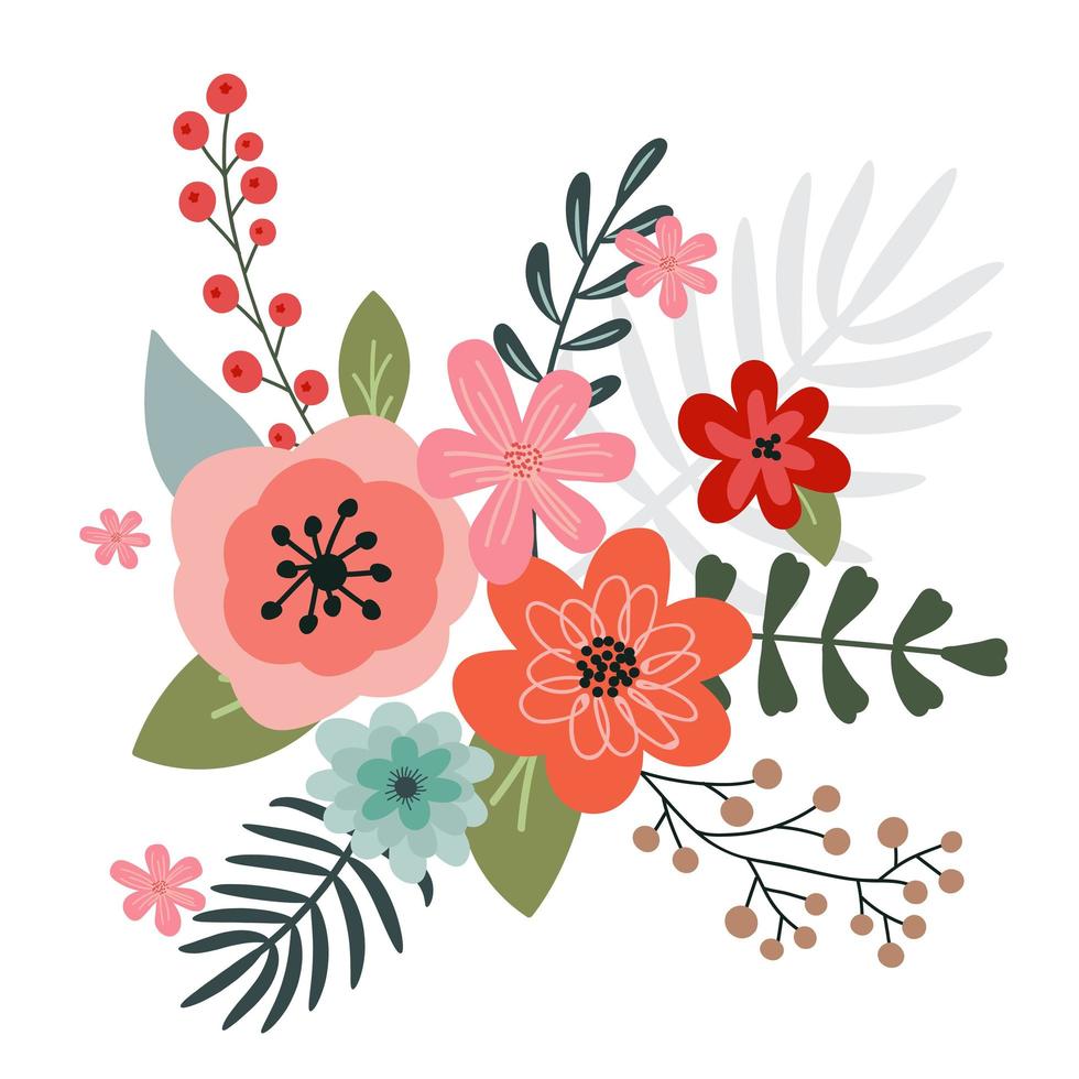 A bouquet of spring flowers and floral elements for your design on a white background. Hand-drawn. vector