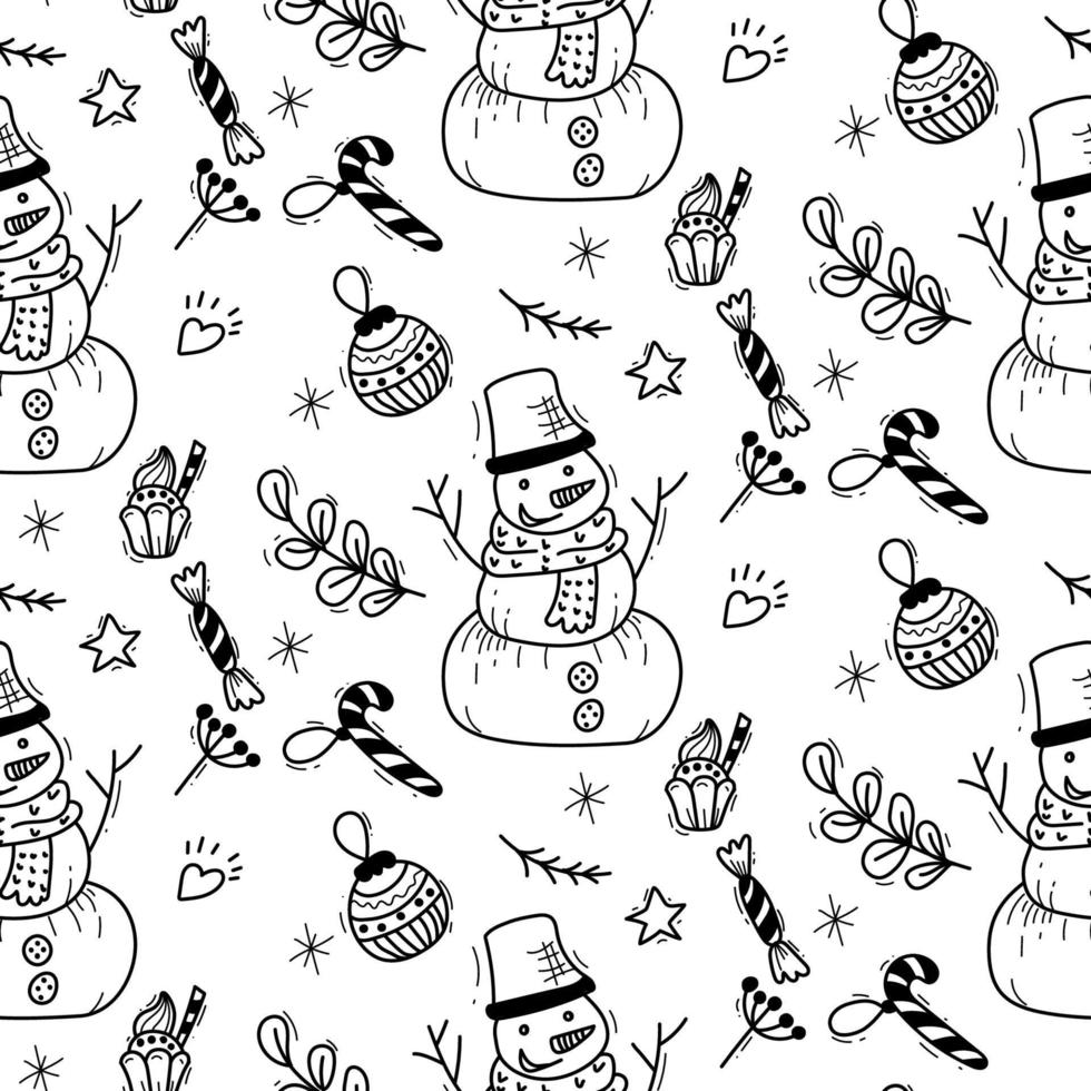 patrón con elementos navideños en estilo doodle para tela, lindo muñeco de nieve vector