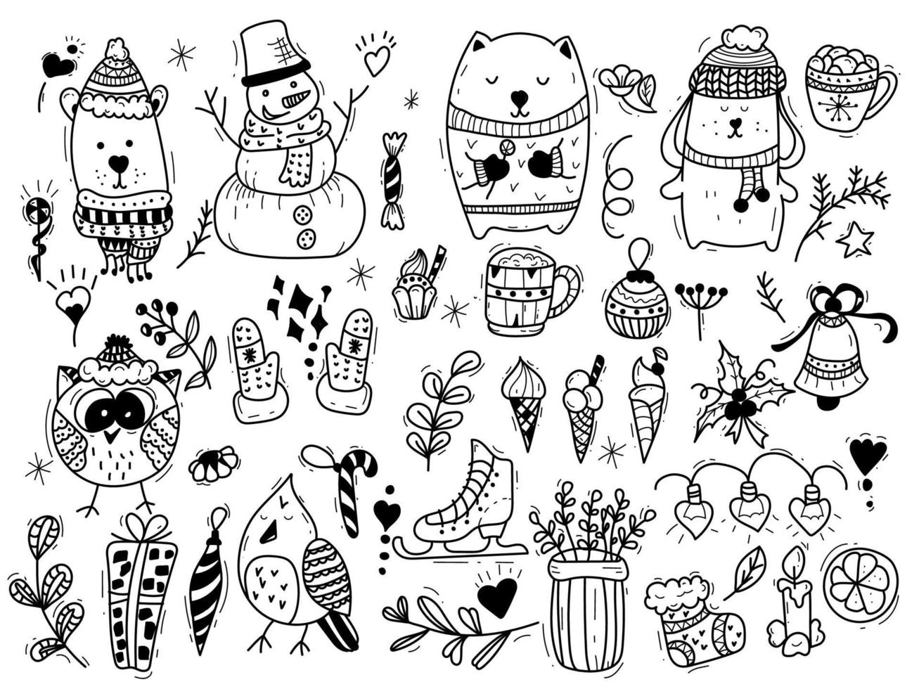 Winter season themed doodle set - snowflakes, icicles, classic ornaments, knitted wear, winter sports. vector