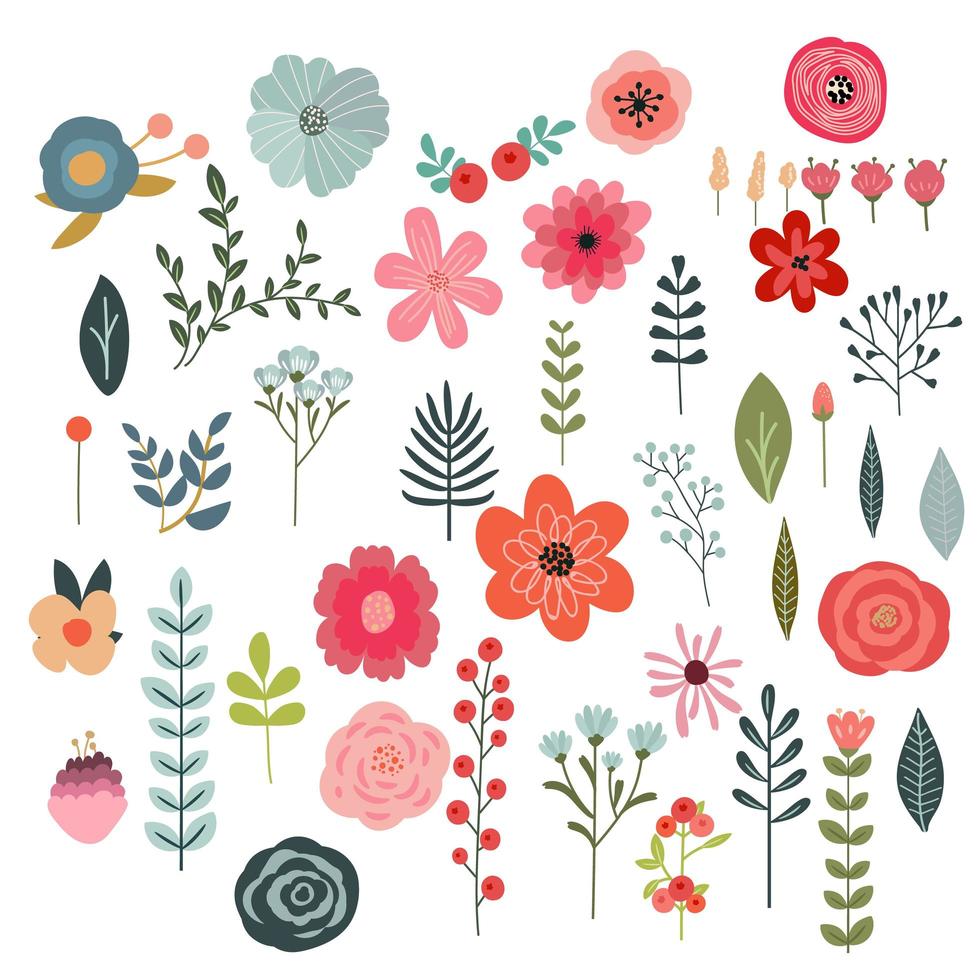 conjunto de flores y elementos florales aislados sobre fondo blanco. hermosos elementos florales para su diseño. vector