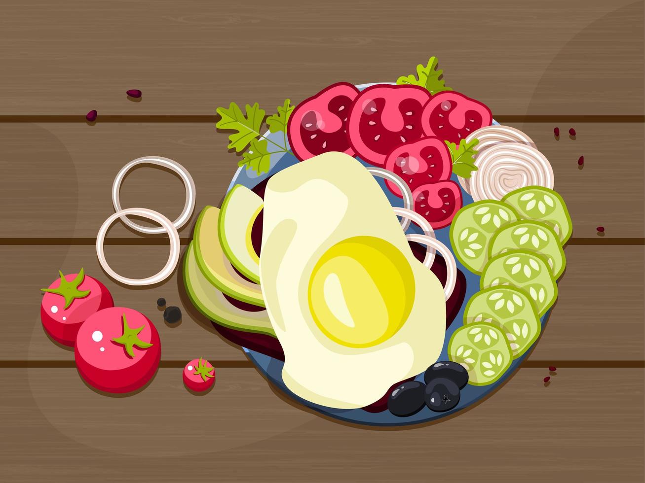 A rich breakfast of fried eggs and fresh vegetables. Food on a plate - top view. Breakfast is served. vector