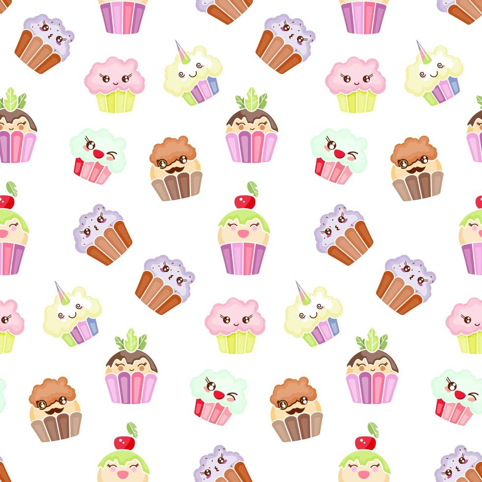 Seamless texture with cute, kawai donut and candy on pink polka background. vector