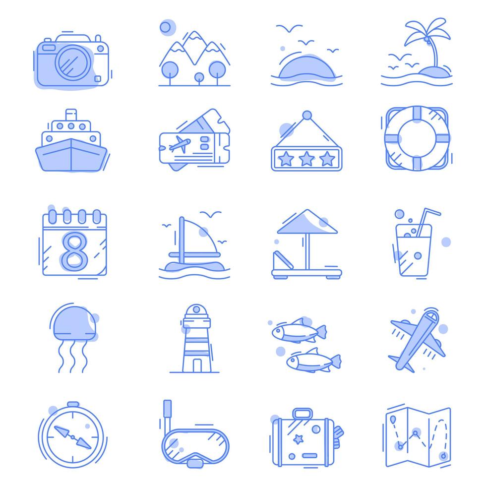 Line icons with flat design elements of air travel to resort vacation, tour planning, recreational rest, holiday trip for leisure activity. vector