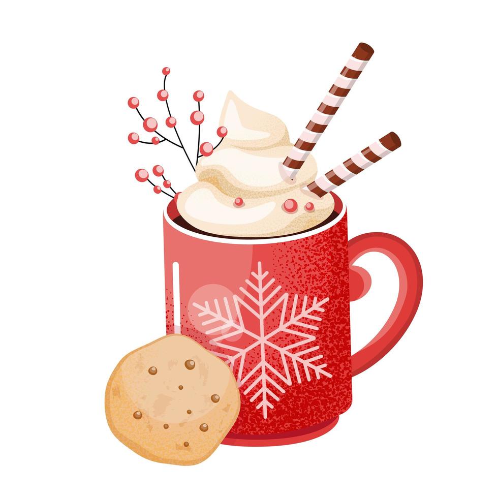 Hot chocolate cup. Christmas drink on winter background. Red mug of cacao to go. Seasonal banner. vector