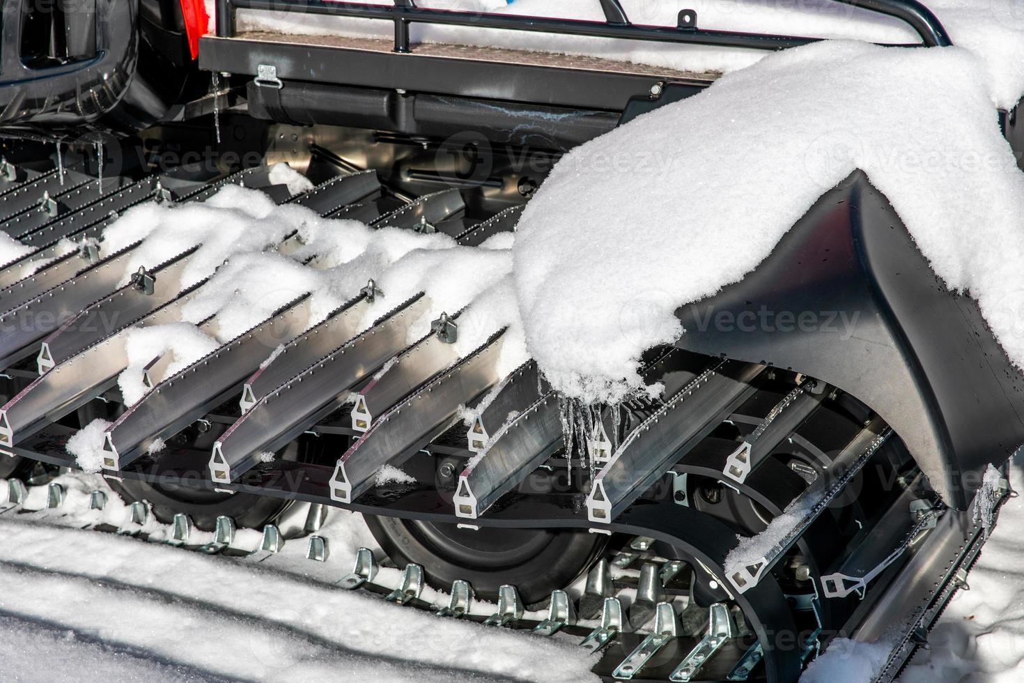 Close up on snow covered tractor tracks photo