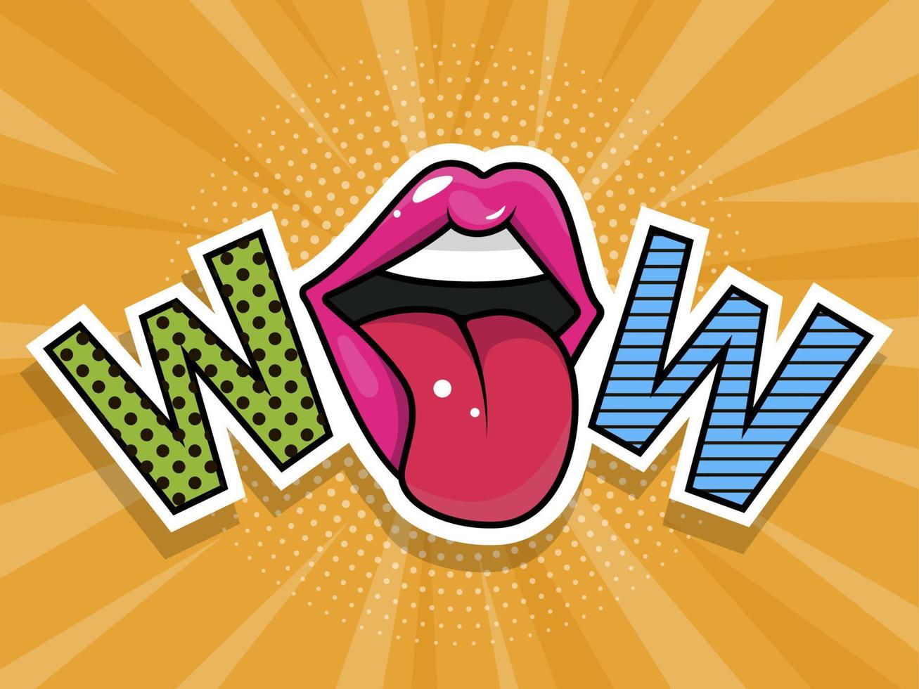 Open mouth and WOW Message in pop art style, promotional background, presentation poster. Flat design, vector illustration.