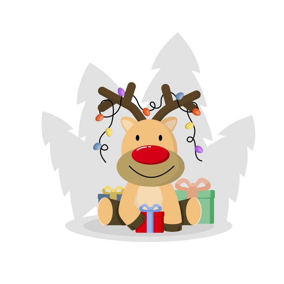 Cute christmas deer vector. Funny cartoon deer with decorative lights. vector