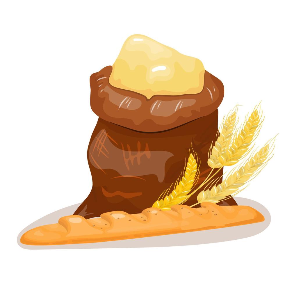 Sack of flour and ears of wheat. Large French loaf. Vector illustration.