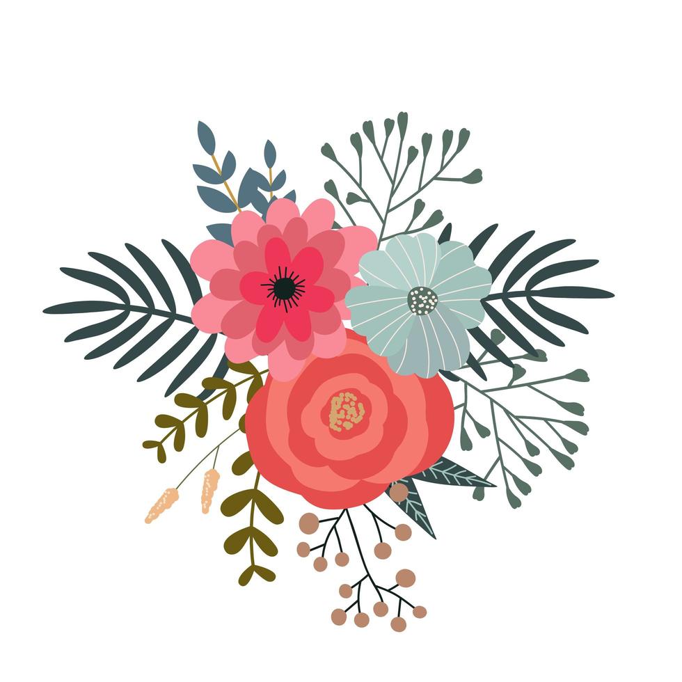 conjunto de flores y elementos florales aislados sobre fondo blanco. vector