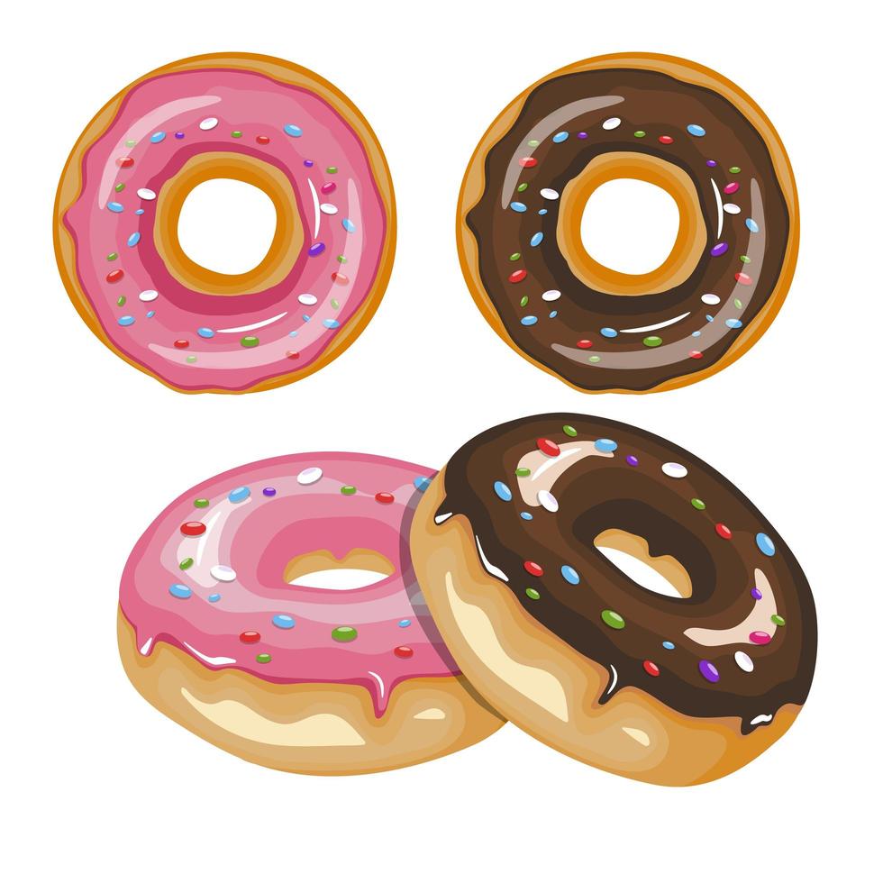 Set of cartoon colorful donuts isolated on white background. Top View Doughnuts collection into glaze for menu design, cafe decoration, delivery box. vector