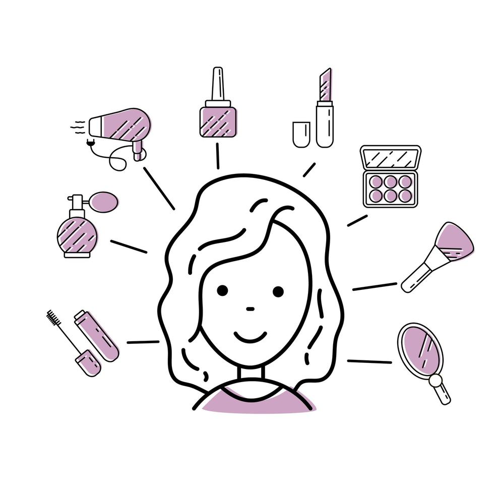 In the center of the icon of a cute girl. Set of illustrations with icons and signs in a linear style. vector
