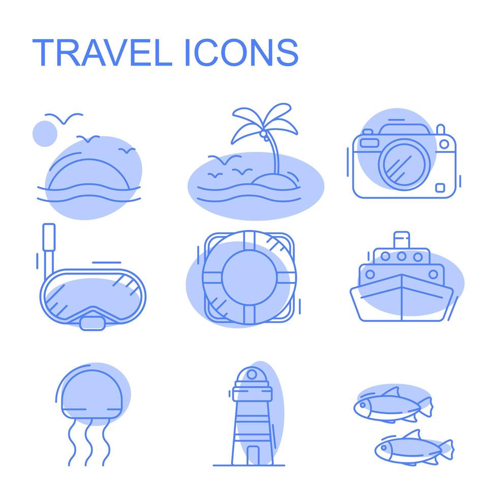 Line icons with flat design elements of air travel to resort vacation, tour planning, recreational rest, holiday trip for leisure activity. Modern infographic vector logo pictogram collection concept.